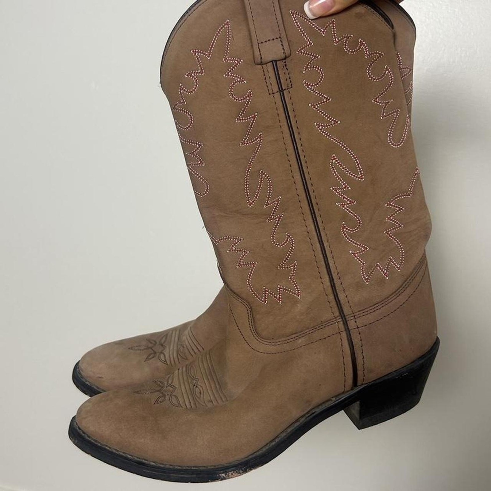 Tan Brown Suede Western Cowboy Boots With Red Embroidered Stitching